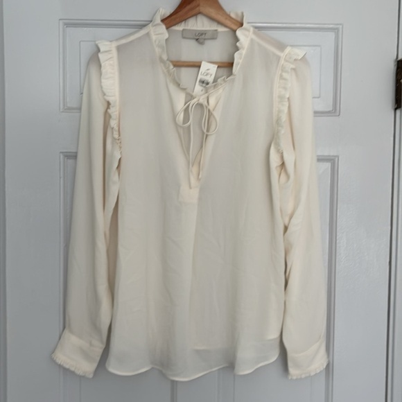 NWT Loft Cream Ruffle Accent Blouse - Picture 1 of 6